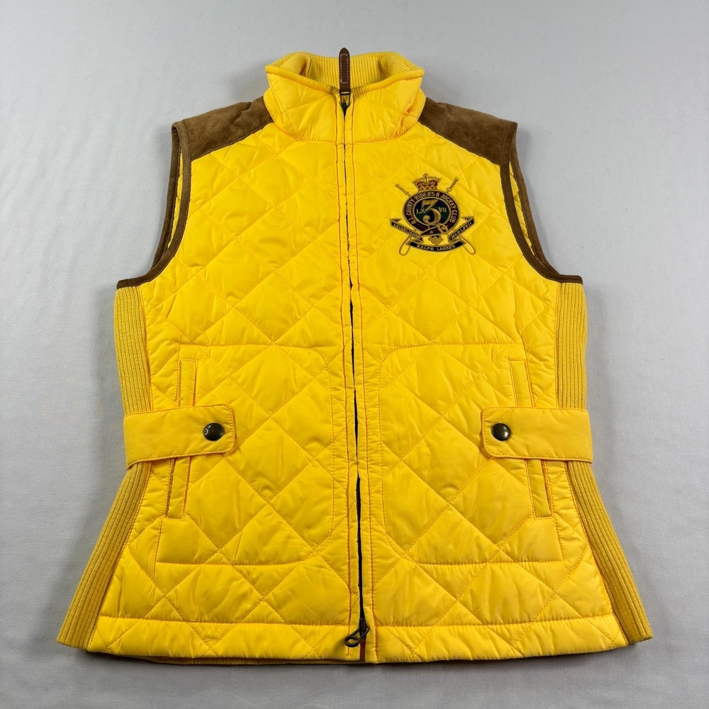 Ralph Lauren Sport Vest Womens S Yellow Quilted Leather Accents Equestrian Rider